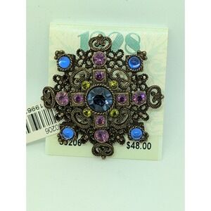 1928 Company Bronze Filigree Rhinestone Victorian Style Multicolor Brooch 2 In
